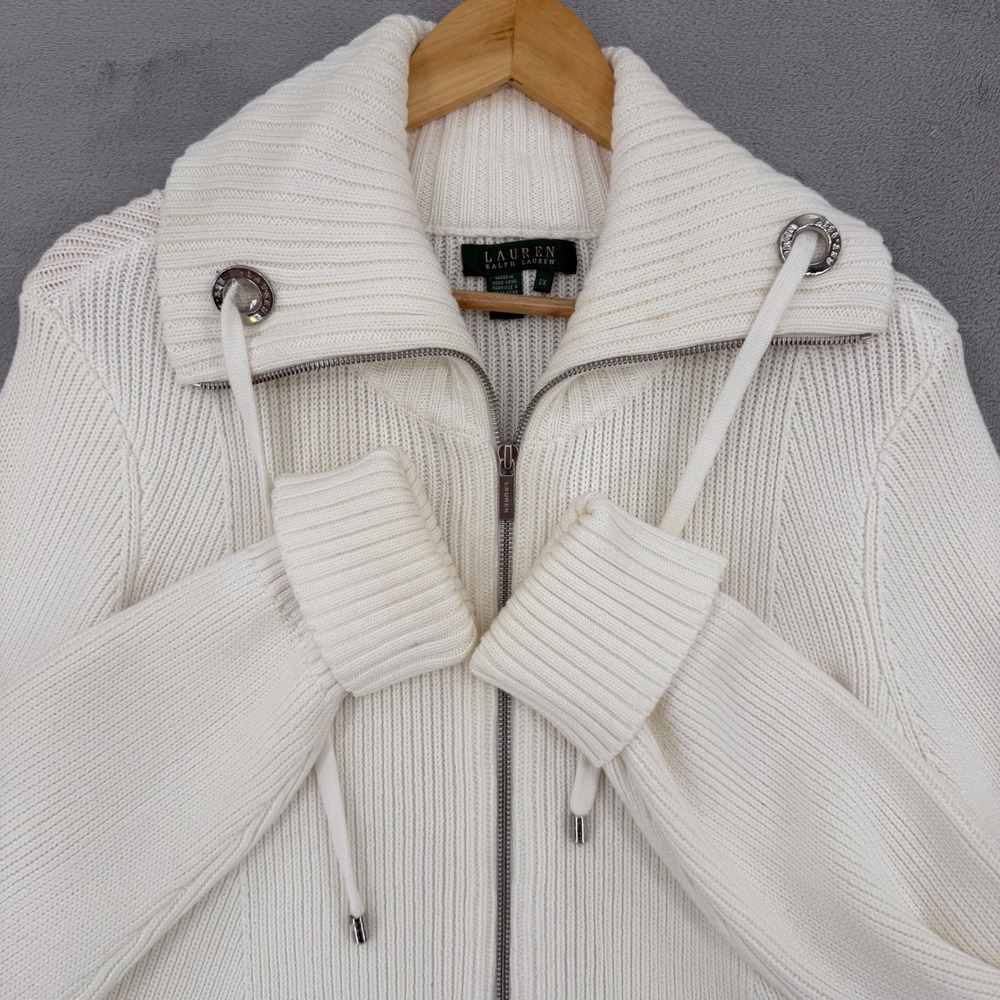Lauren Ralph Lauren Cardigan Sweater Womens 2X White Ribbed Cotton Full Zip NWT